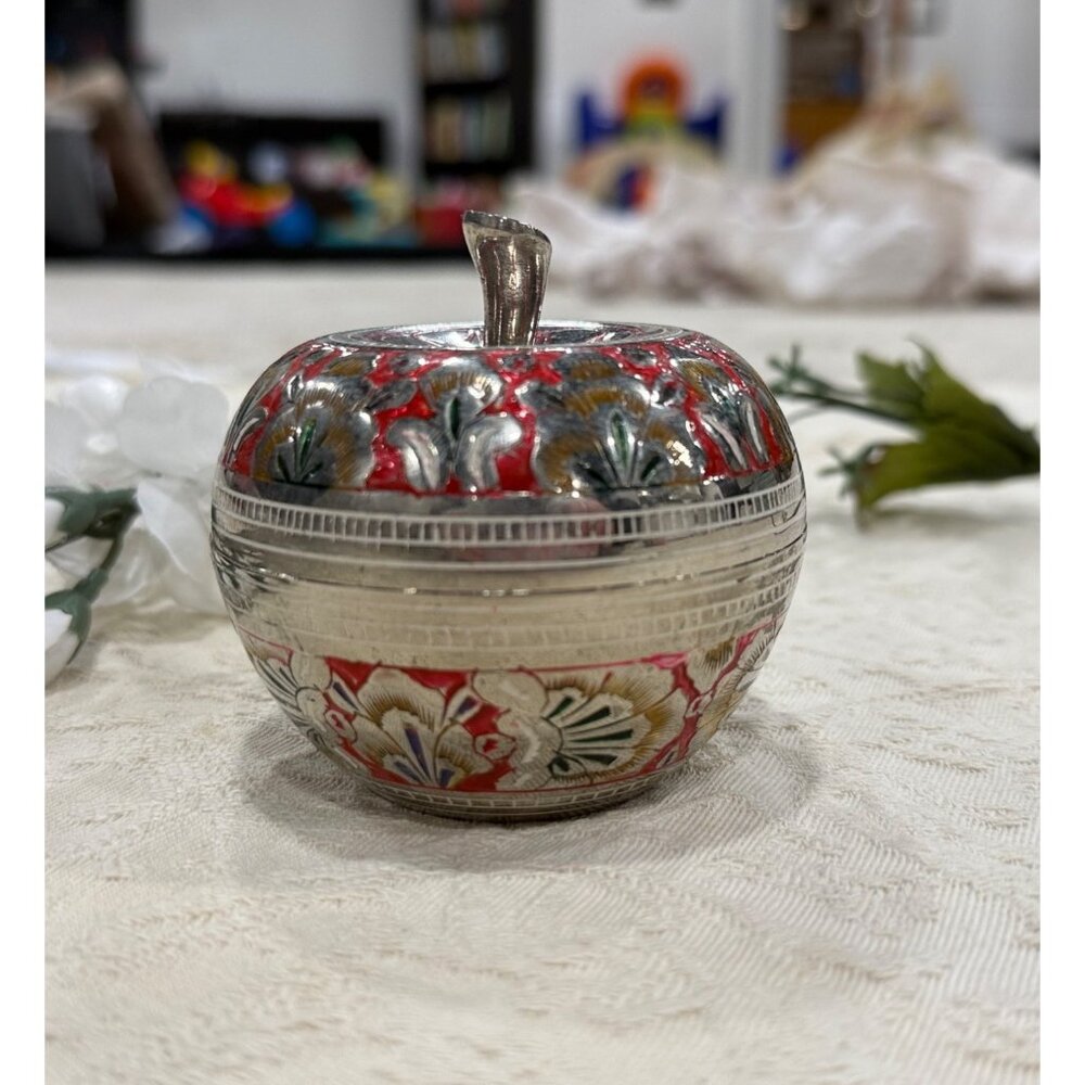 Silver Apple Shaped Decorative Trinket Box With Red Floral Pattern & Lid